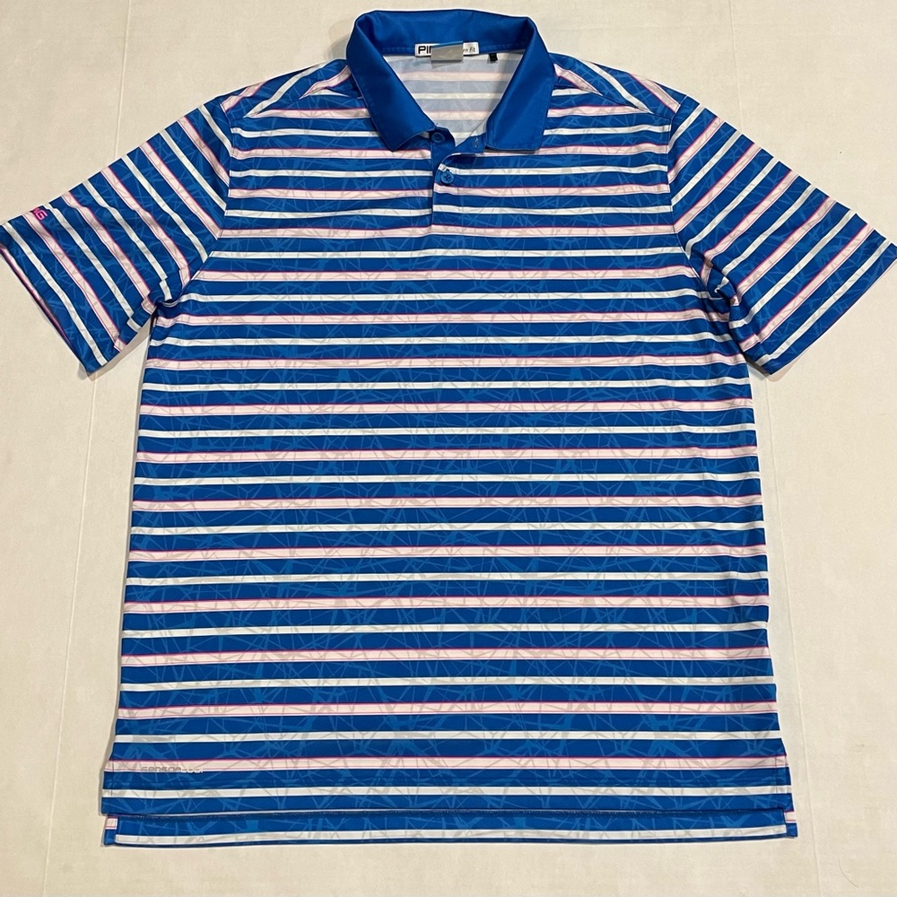 Ping Modern Fit Sensorcool Blue Pink White Stripe Golf Polo Shirt, Men Sz Large
